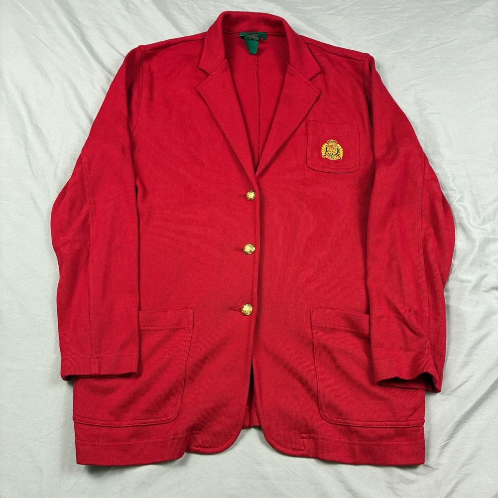 Lauren Ralph Lauren Knit Cotton Blazer Womens L Red Crest Logo Gold Buttons VTG